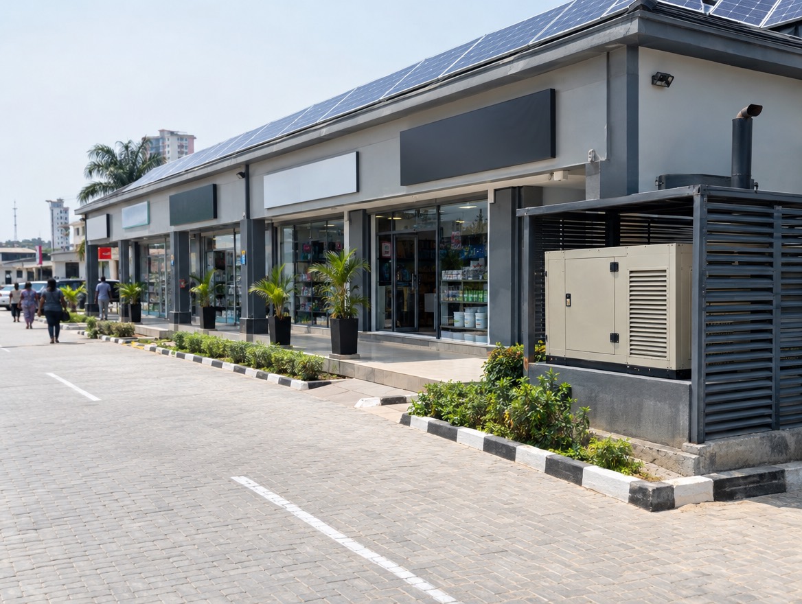 A row of shops with rooftop solar panels and an enclosed backup generator