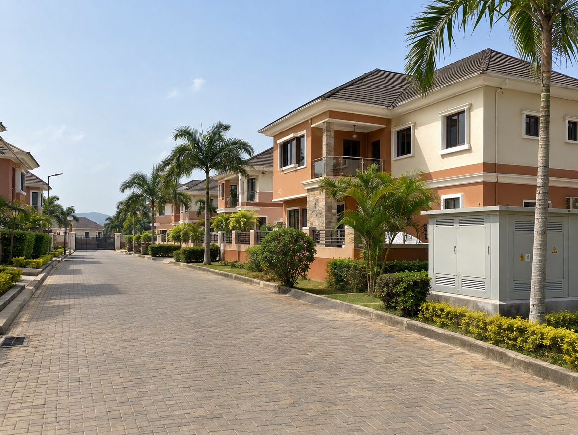 A paved street in a gated residential estate with duplexes, palm trees and a roadside electrical kiosk