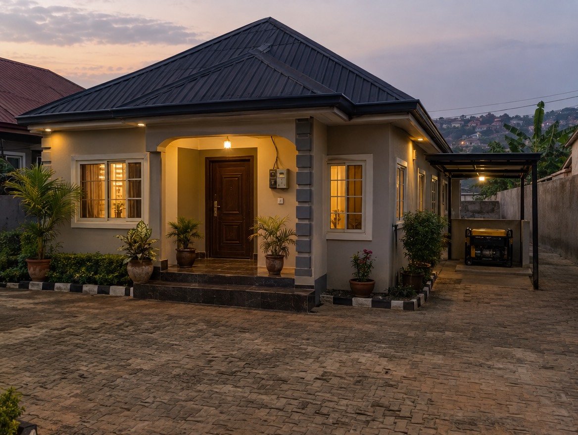 A bungalow at dusk with a wall-mounted electricity meter by the door and a generator under a carport
