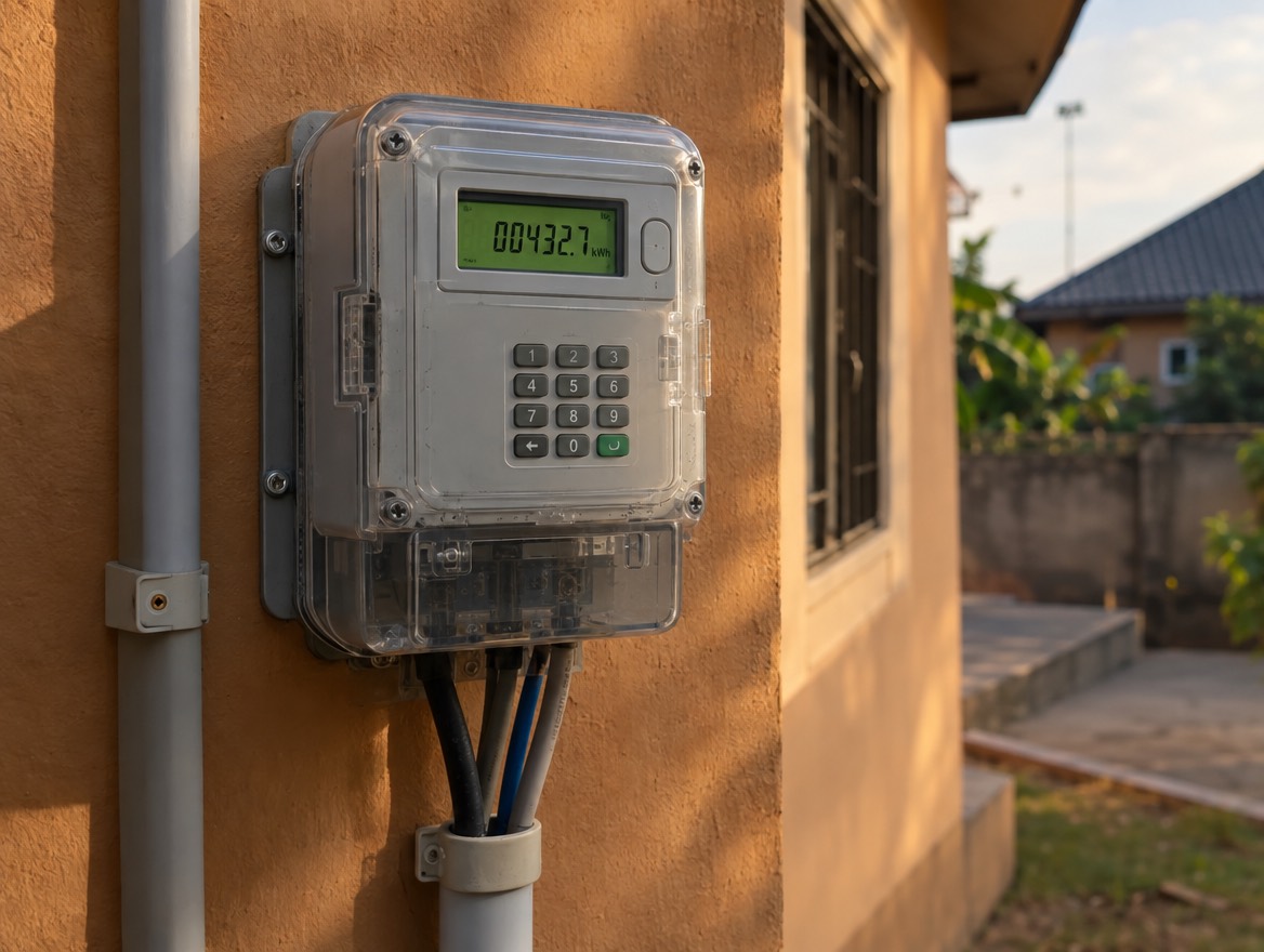 A prepaid electricity meter with a digital display mounted on the outside wall of a home