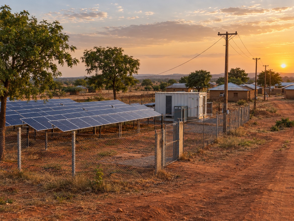 A fenced solar mini-grid with a battery container and power poles leading to village homes at sunset