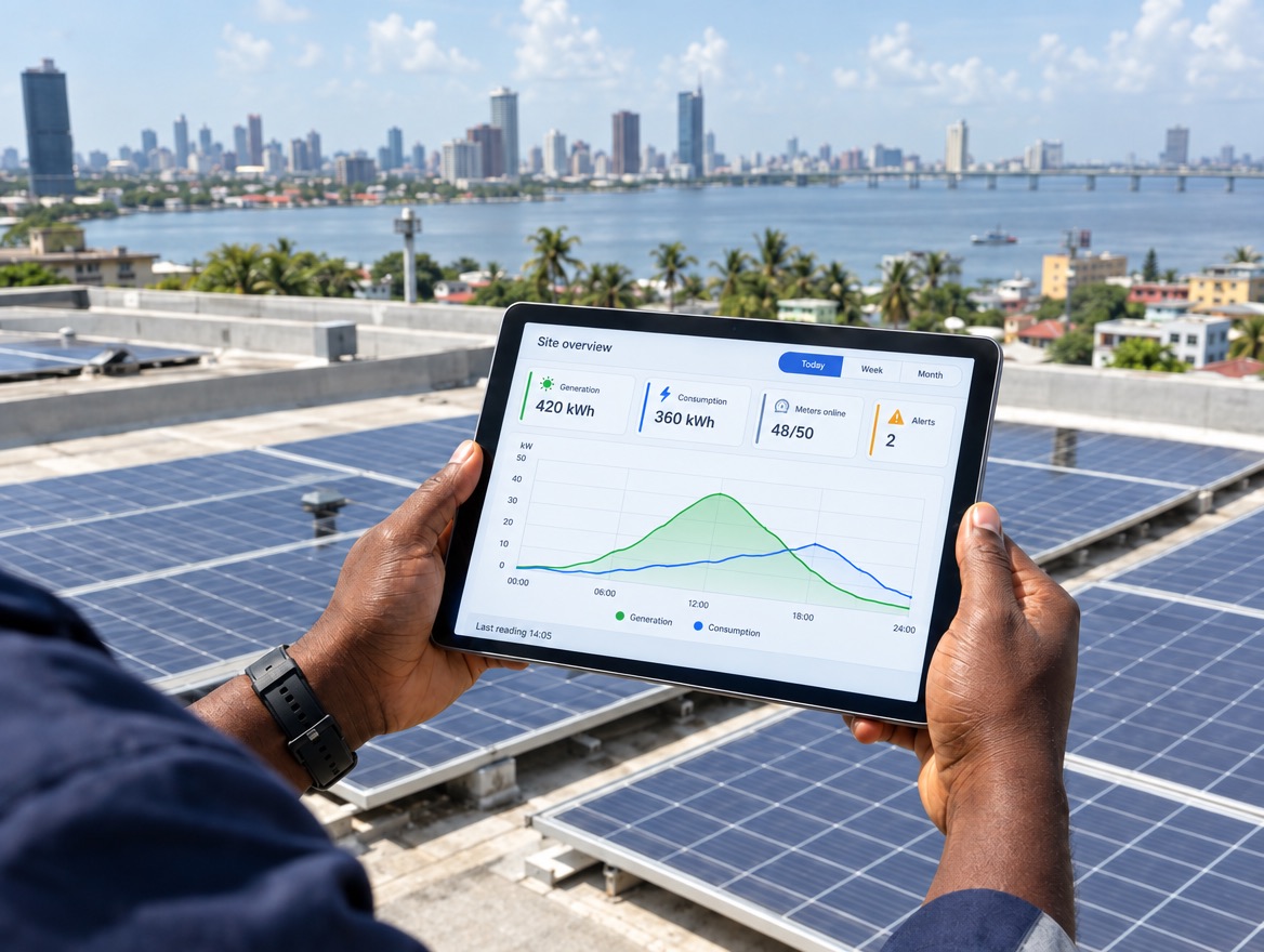Hands holding a tablet showing a site overview dashboard with generation, consumption, meters online and alerts, on a rooftop lined with solar panels overlooking a Lagos lagoon