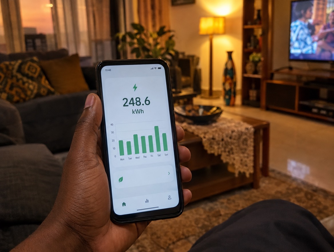 A hand holding a smartphone showing an energy balance and usage chart in a living room