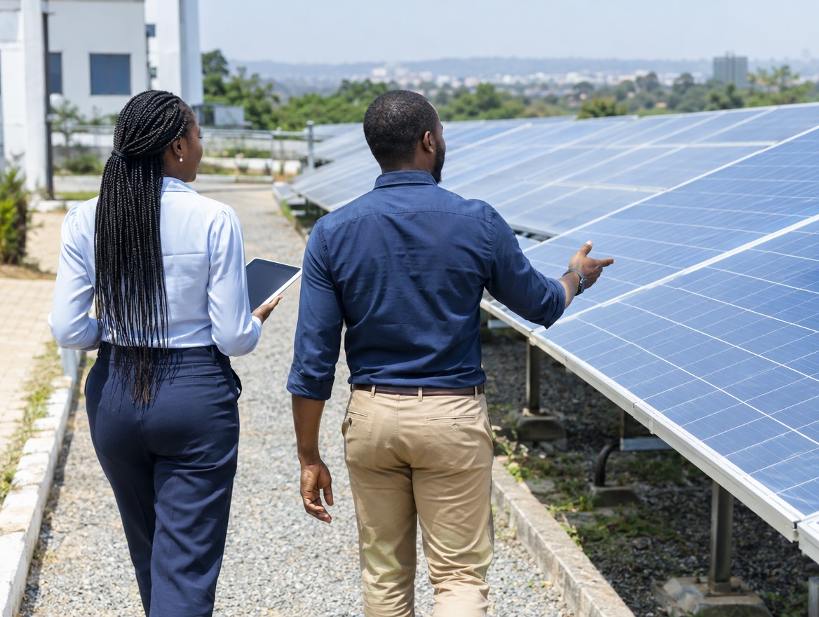 Two professionals walking beside rows of solar panels, one holding a tablet