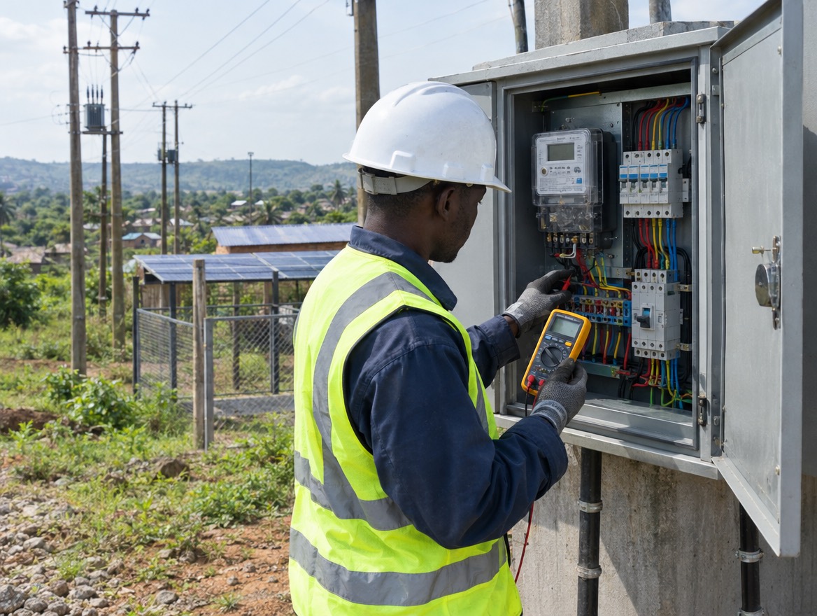 A technician in a hard hat and hi-vis vest testing an electrical meter cabinet at a rural site
